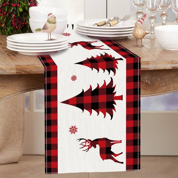 72'' Red Black Buffalo Plaid Christmas Deer Trees Snowflakes Table Runner - Picture 2 of 8